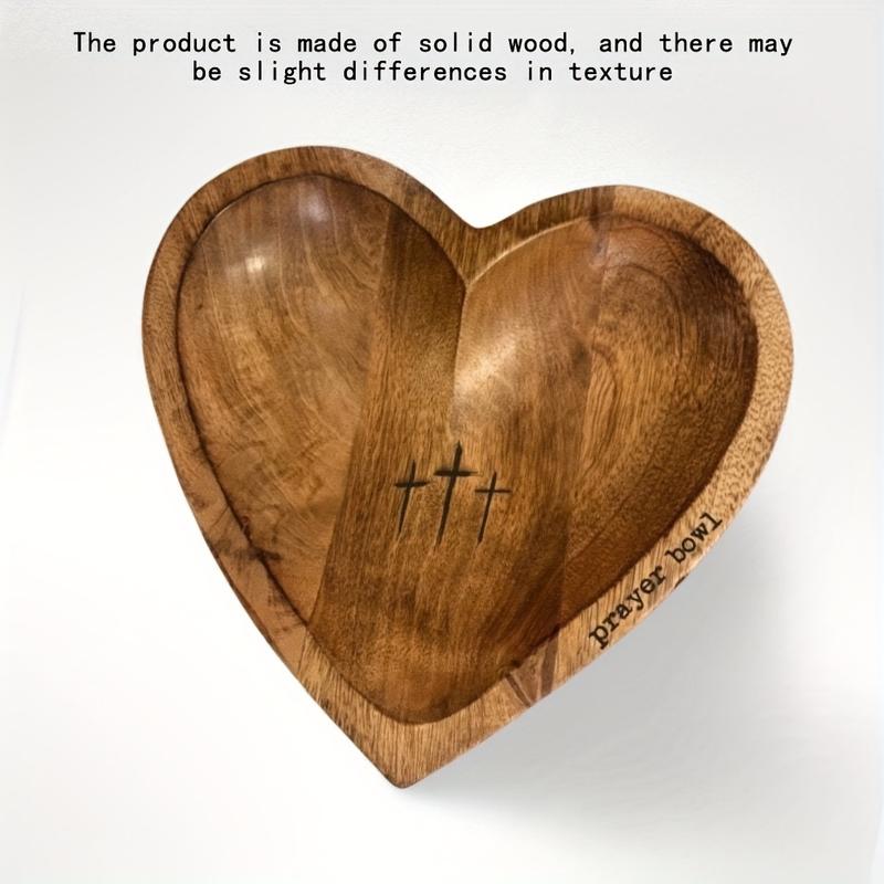 1pc Exquisite Vintage Wooden Heart-Shaped Prayer Bowl with Elegant Engraved Cross & 