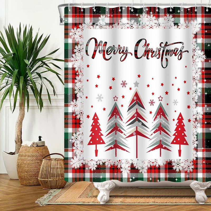 Merry Christmas Shower Curtain Red Green Buffalo Check Plaid Shower Curtain Sets for Bathroom 72x72 in with 12 Hooks