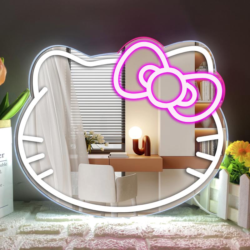 Kitty face Home Decor Mirror Kitty face shape Mirror, Bedroom Wall Mirror, Anime Neon Sign for Dresser, Locker Room,Living Room, Neon Light up Acrylic Mirror with Dimmable