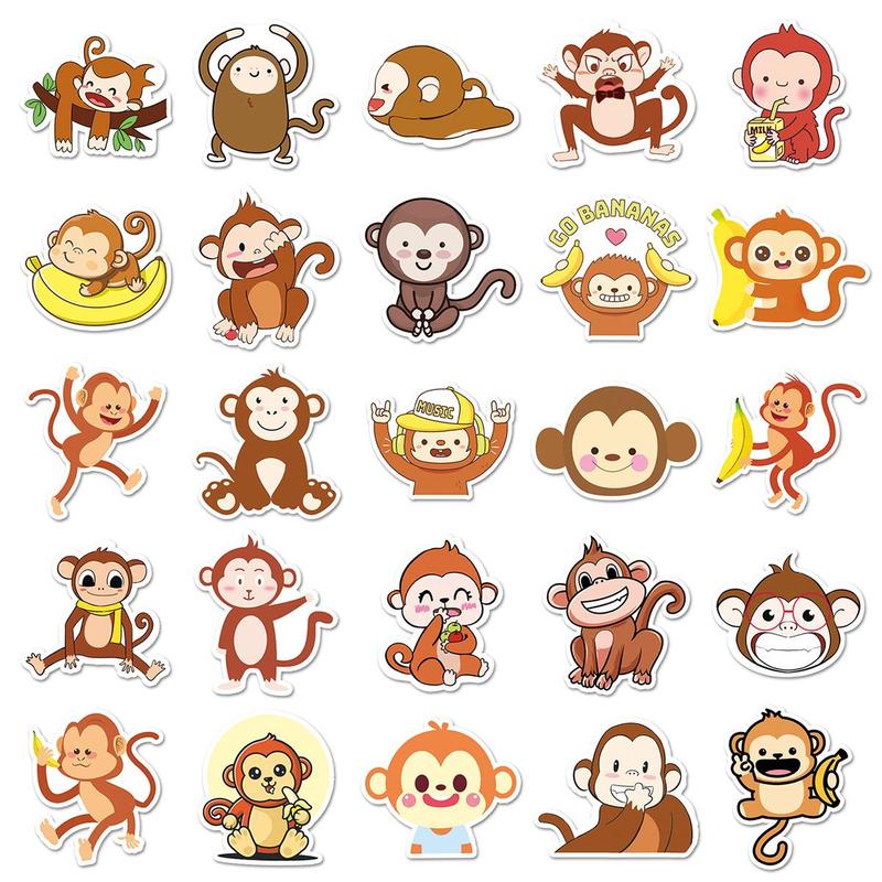 50pcs set Cartoon Monkey Pattern Sticker, Waterproof Self Adhesive Decor Paper, Decor Sticker, Greeting Card Water Bottle Laptop Phone