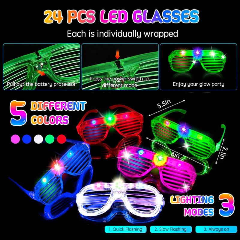 272 count Glow in the Dark Party Supplies, Glow Sticks Bulk Party Pack, 24 count  Glow Sticks, 24 count LED Glasses, 24 count LED Light Up Rings and 200 count Glow Sticks for Neon Party Decorations, Wedding