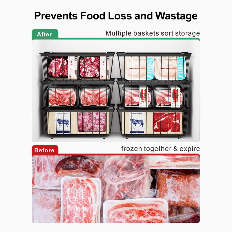 Deep Freezer Organizer Bins, Stackable Baskets for 7 Cu.FT Deep Chest Freezer Sort Frozen Meats, with Handle Add Space Easy Reach Boxes