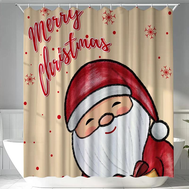 Santa Claus Pattern Bathroom Shower Curtain, 1 Count Merry Christmas Themed Bath Curtain with 12pcs Hooks, Bathroom Decoration Supplies for Home Dormitory Hotel