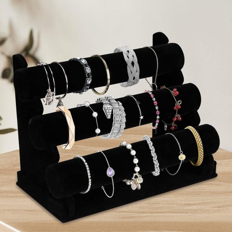 Velvet Bracelet Holder with 3 Tier Rack, Black Detachable Jewelry Display Stand T-Bar Necklace Storage Organizer for Bangles Watch Bracelets Scrunchies Organization Showcase