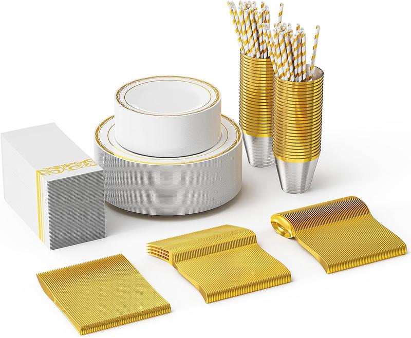 ROVSUN 400 Pieces Gold Disposable Dinnerware Set 50 Guests, Elegant Plastic Plates for Party Wedding, 50 Dinner Plates, 50 Dessert Plates, 50 Cups, 50 Silverware set, 50 Napkins, 50 Straws