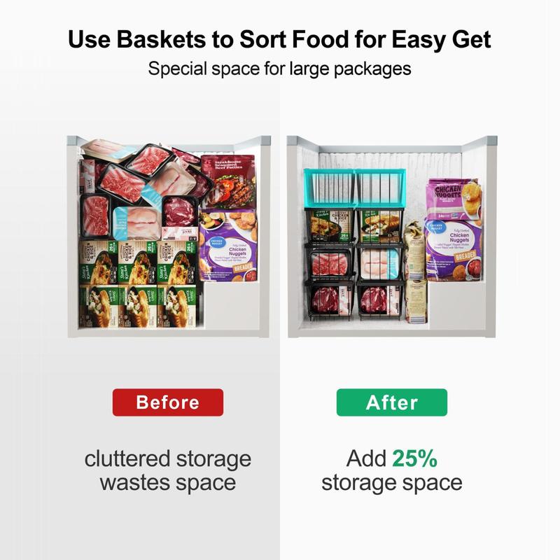 Deep Freezer Organizer Bins, Stackable Baskets for 7 Cu.FT Deep Chest Freezer Sort Frozen Meats, with Handle Add Space Easy Reach Boxes