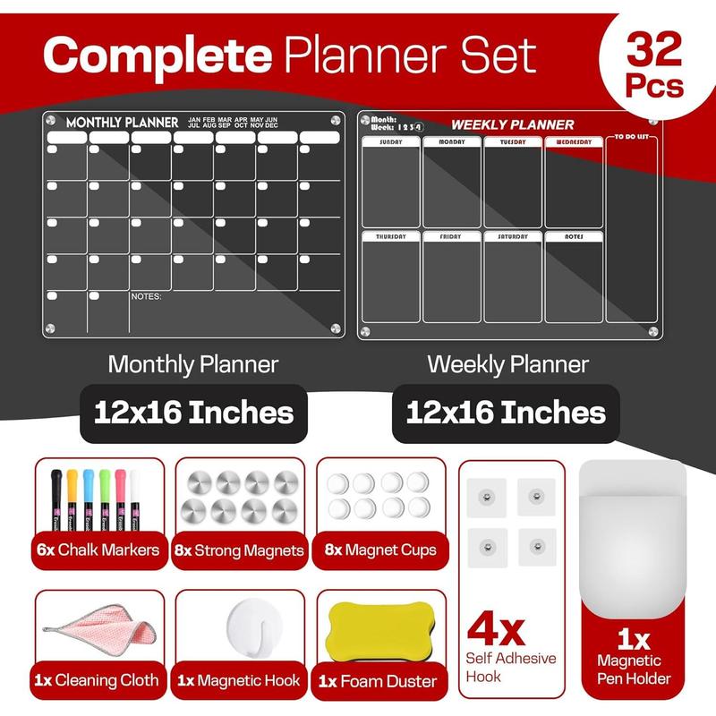 Acrylic Magnetic Fridge Calendar Meal Planner Dry Erase Menu Board, 32 PCS Clear Monthly & Weekly 16