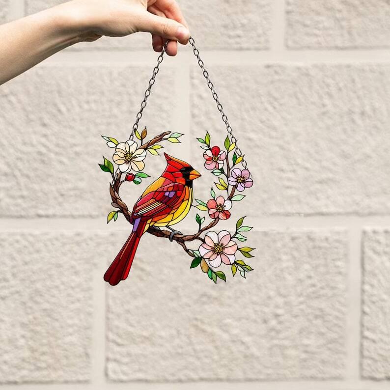 Cardinal Window Hanging, Sakura Flowers Acrylic cardinal with flowers window hangings artwork, bird Window decor, Gift for dad, mom,