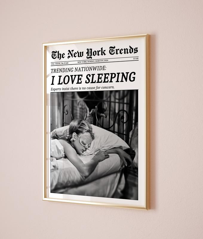 Trendy Newspaper Print, New York Times Wall Art, Woman Sleeping Print, Retro Magazine I Love Sleeping Poster, Vintage Bar Cart Print, Girl Dorm Room Decor