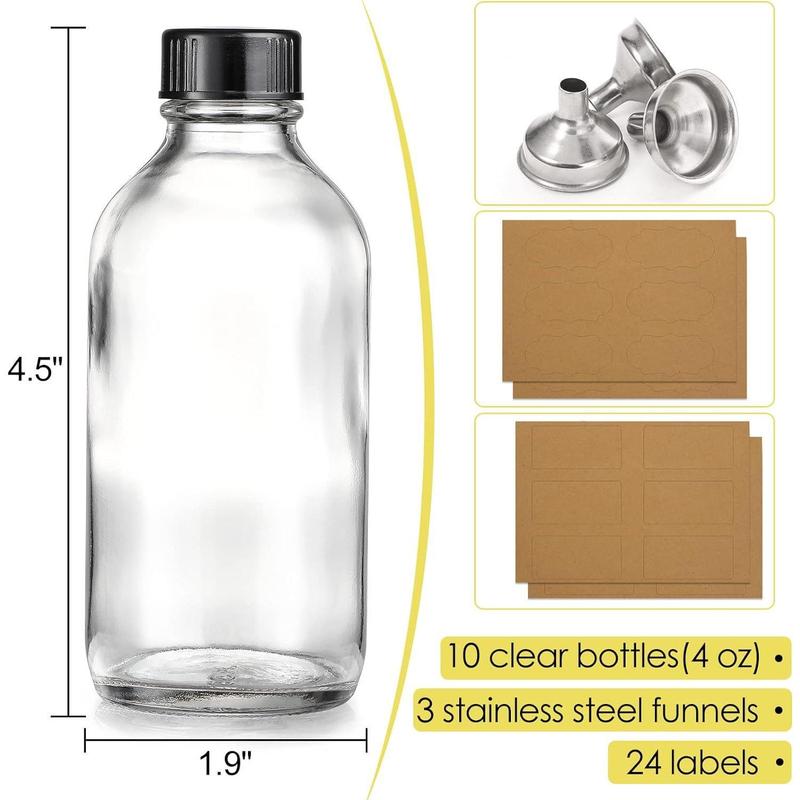 10 count, 4 oz Small Clear Glass Bottles with Lids & 3 Stainless Steel Funnels - 120ml Boston Round Sample Bottles for Potion, Juice, Ginger Shots, Oils, Whiskey, Liquids - NO Leakage