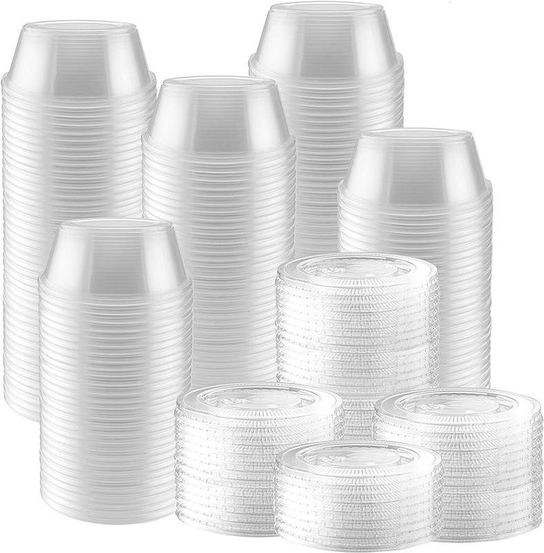 100 cups with lid -2 oz transparent plastic container with leak proof lid - compact food storage for controlling portions, 2 oz (approximately 56.7 g), sauce, liquid, dipping sauce