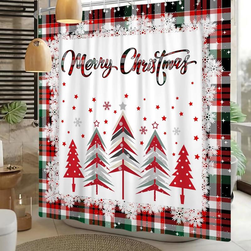 Merry Christmas Shower Curtain Red Green Buffalo Check Plaid Shower Curtain Sets for Bathroom 72x72 in with 12 Hooks