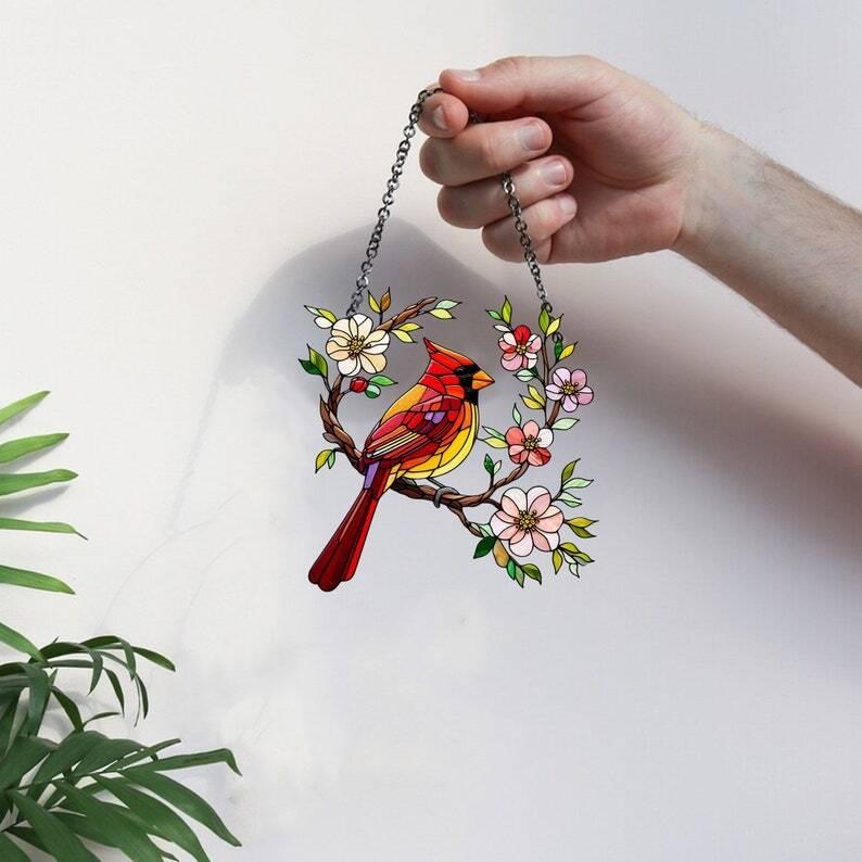 Cardinal Window Hanging, Sakura Flowers Acrylic cardinal with flowers window hangings artwork, bird Window decor, Gift for dad, mom,