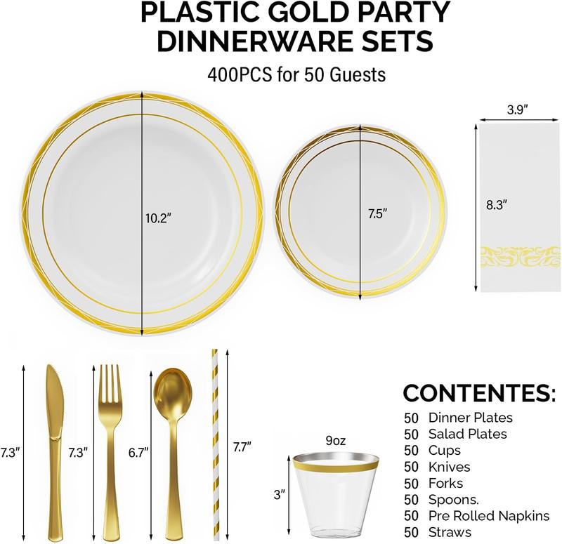 ROVSUN 400 Pieces Gold Disposable Dinnerware Set 50 Guests, Elegant Plastic Plates for Party Wedding, 50 Dinner Plates, 50 Dessert Plates, 50 Cups, 50 Silverware set, 50 Napkins, 50 Straws