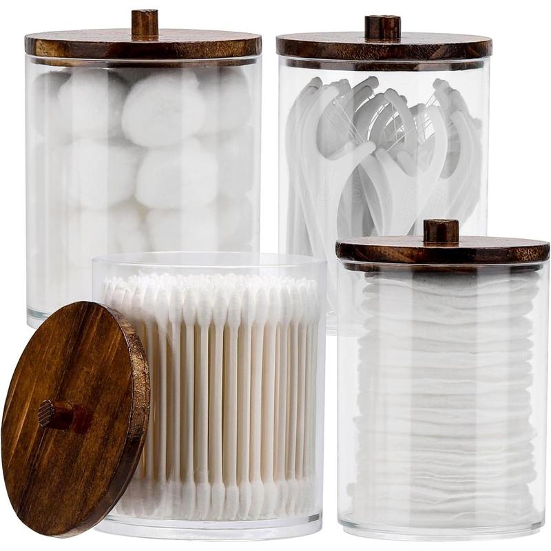 4 Pack Qtip Holder Dispenser Cotton Ball, Cotton Swab, Floss - 12oz, 10 oz Clear Plastic Apothecary Jars for Bathroom Organizer and Storage Containers (Brown Wood Lids) Bottles Tin Canister Wooden