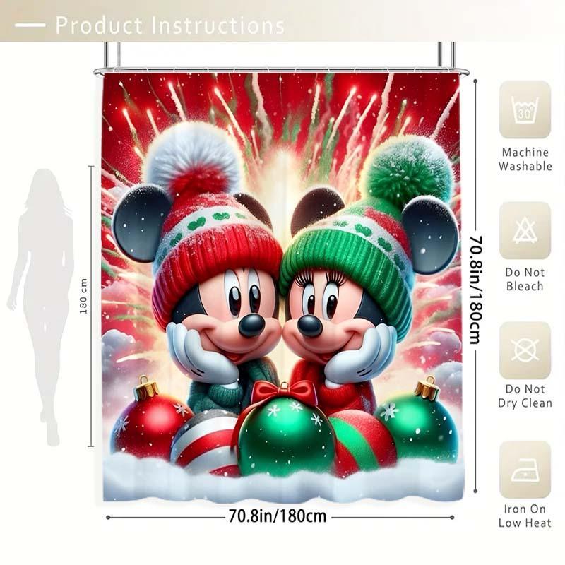 Mickey & Minnie Mouse Pattern Shower Curtain, 1 Count Waterproof Bathroom Curtain with Hooks, Bathroom Decor for Home Hotel Salon Dormitory