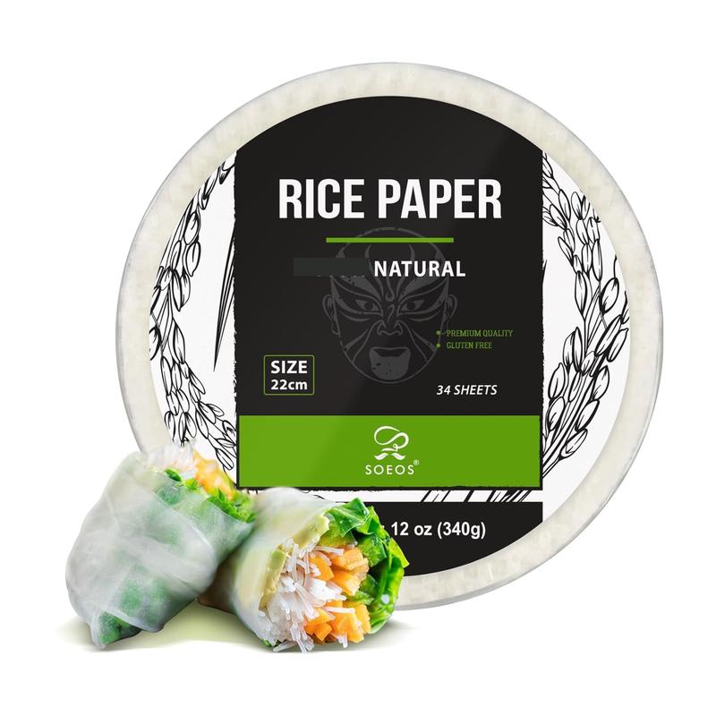 Soeos Rice Paper, White Rice Paper Wrappers, 1 Pack, 34 Sheets-Fresh Spring Roll Wrappers & Dumplings, Non-GMO, Gluten-Free, Low Carb, Vietnamese Rice Wraps (Round, 22cm) Disposable Traditional