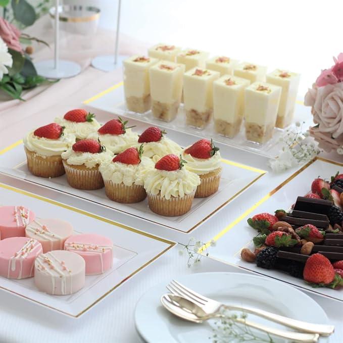 Elegant Plastic Serving Tray & Platter Set (6pk) - White & Gold Rim Disposable Serving Trays & Platters for Food - Weddings, Upscale Parties, Dessert Table, Cupcakes - 8 x 12.85 inches dessert tray