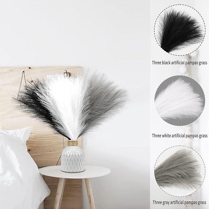 9 Pcs Decor Artificial Pampas Grass 17inch 45cm Vase not included (Black White Grey) Decorative Floral