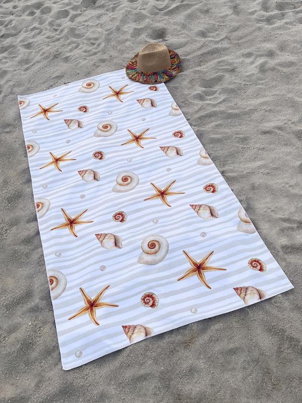 Starfish & Shell Pattern Beach Towel, Sporty Casual Quick Drying Towel for Beach Pool Swimming, Sports Quick Drying Towel for Men & Women