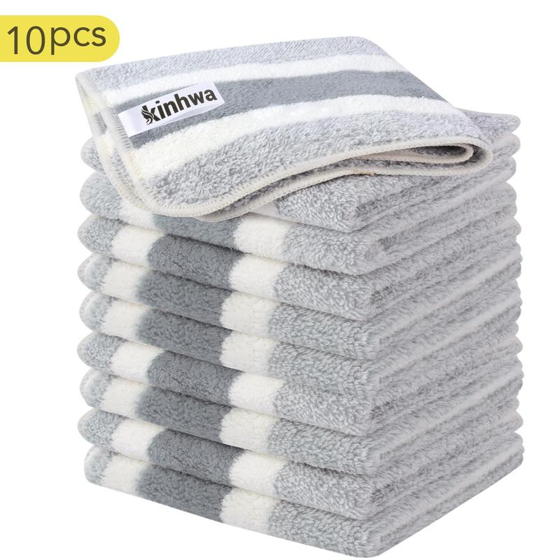 Microfiber Cleaning Cloths, 10pcs Gray and White Stripe Style Kitchen Wipes for Drying Dishes, Absorbent and Non-tracking, Reusable