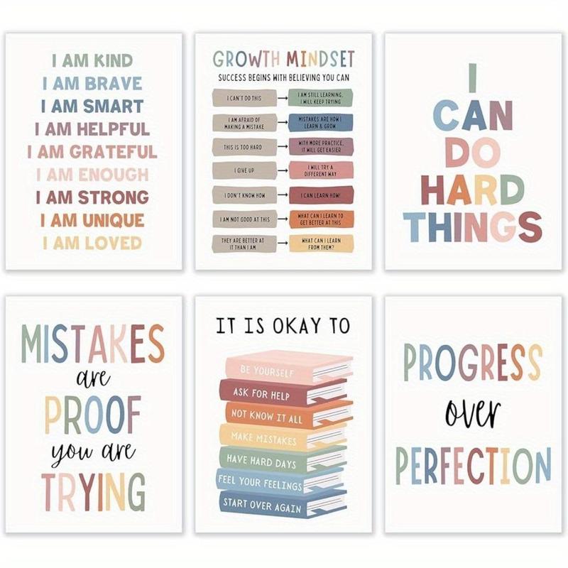 Positive Affirmations Quotes Wall Art, 6 Counts set Psychology Feelings Posters, Growth Mindset Posters for Classroom Therapy Office Decor