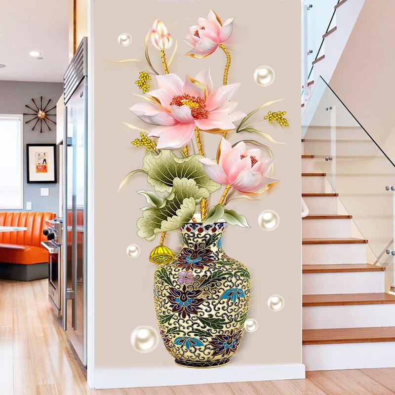 Chinese lotus classical vase wall stickers pearl living room art wall decals home entrance background decoration,home decor,decors