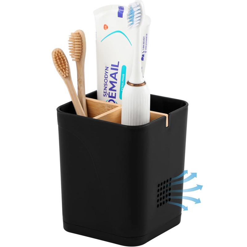 Electric Toothbrush Holder 3 Slots Tooth Brushing Holder with Bamboo Dividers for Bathrooms, Plastic Toothbrush and Toothpaste Black Organizer for Shower, Countertop, Vanity.