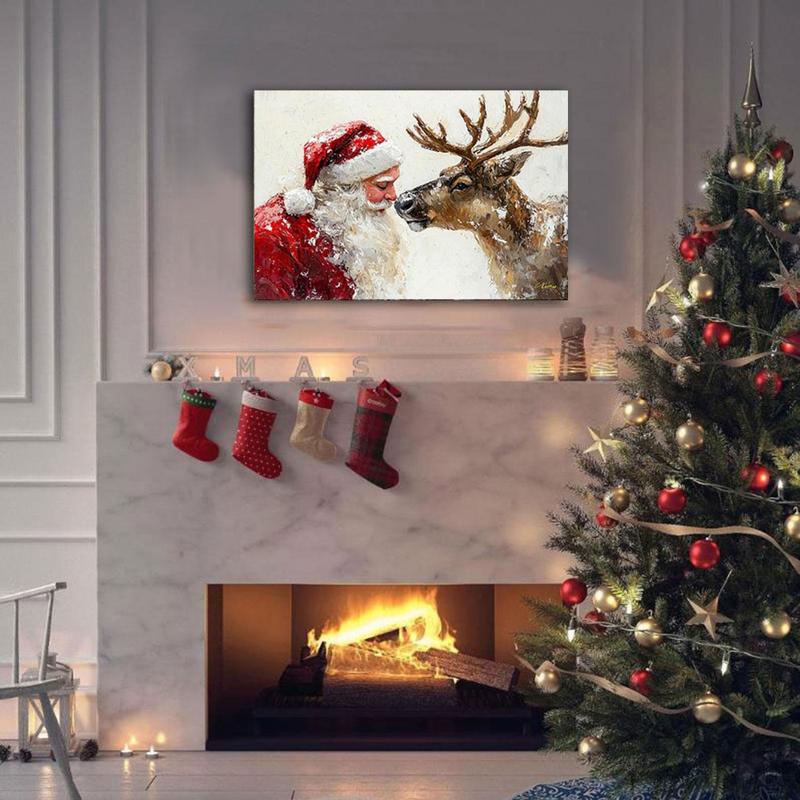 Christmas Santa Claus & Reindeer Wooden Frame Canvas Painting, 1 Count Winter Scene Wall Art, Wall Decor for Home Living Room Bedroom