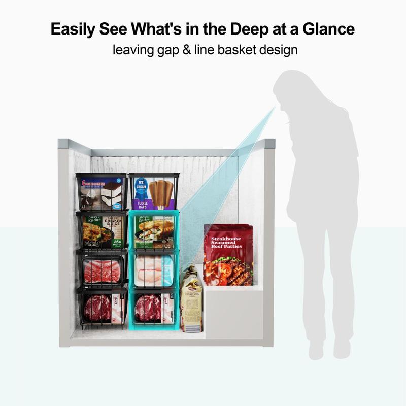 Deep Freezer Organizer Bins, Stackable Baskets for 7 Cu.FT Deep Chest Freezer Sort Frozen Meats, with Handle Add Space Easy Reach Boxes