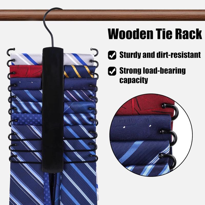 Wooden Tie Rack, Tie Hanger for Men Closet 20 Hooks 360 Degree Rotating Tie Organizer Hanging Space Saving Holder for Belt Scarf Tie Black