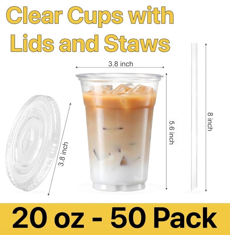 16oz Clear Plastic Cup with Straw & Lid, 25 50 100 Sets Disposable Coffee Cup, Disposable Tableware for Party & Takeaway Drink