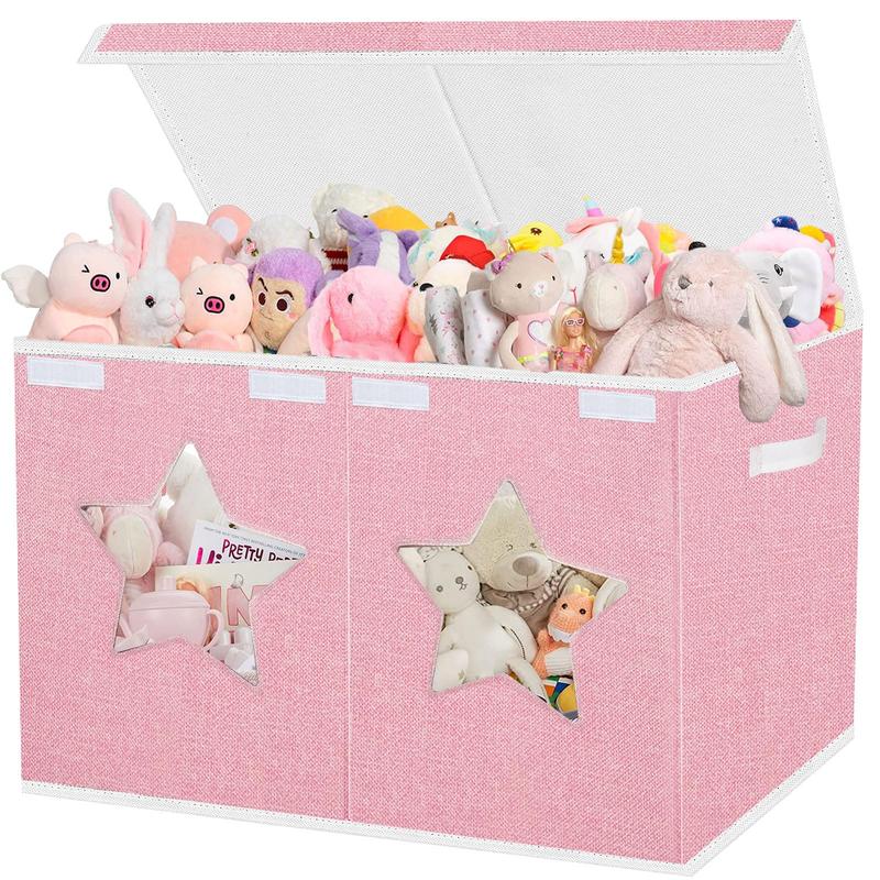 Large Toy Box for Girls, Toy Chest Box Organizer Bins with Star Transparent Windows, Sturdy Handles and Mesh Bag, Foldable Large Size Storage Box for Nursery, Playroom, Bedroom