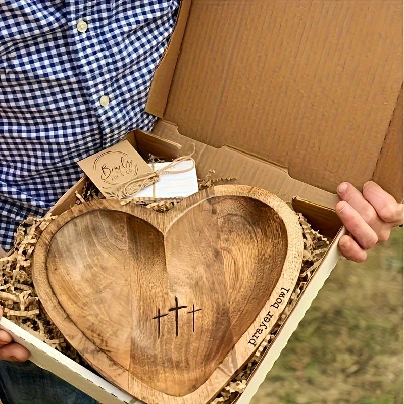 Vintage Heart-Shaped Wooden Prayer Bowl with Engraved Cross - Perfect for Home & Living Room Decor