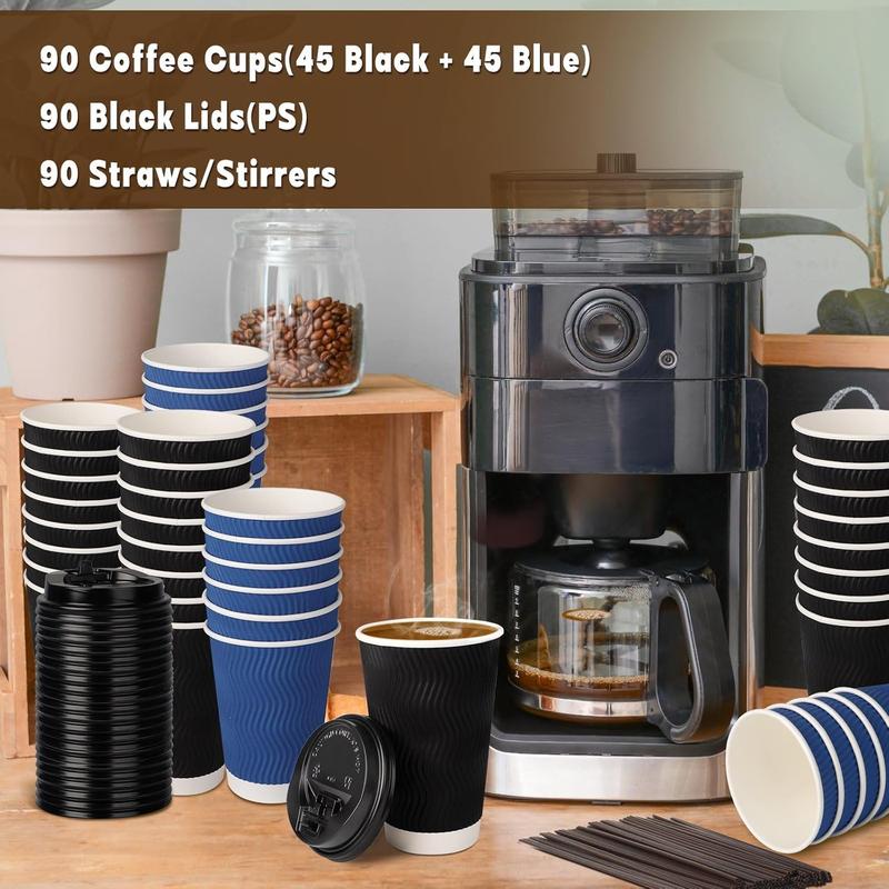 90 Pack 16-oz Disposable Coffee Cups with Lids and Straws, Insulate Ripple Wall To Go Coffee Cups Hot Coffee Tea Beverage Chocolate, Paper Cups for Home Office Cafe(Black & Blue)