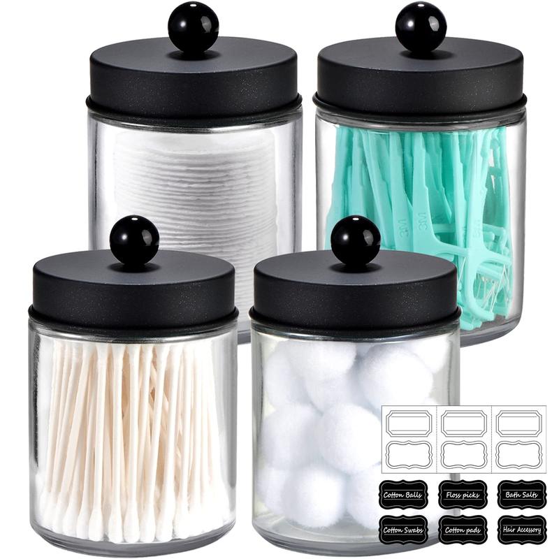 4-Pack Apothecary Jars Set - Bathroom Storage Organizer with Stainless Steel Lids & Stickers, Ideal for Qtip Dispenser (Black Glass)