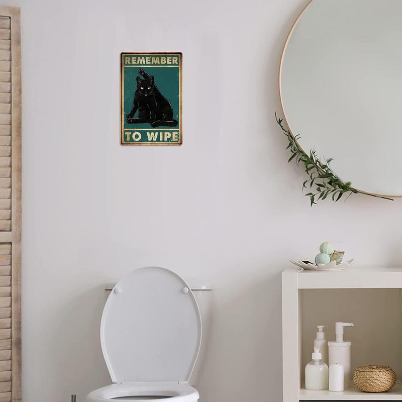 Remember to Wipe Funny Black Cat Poster Vintage Cat Bathroom Sign Decor, Aluminum, 12