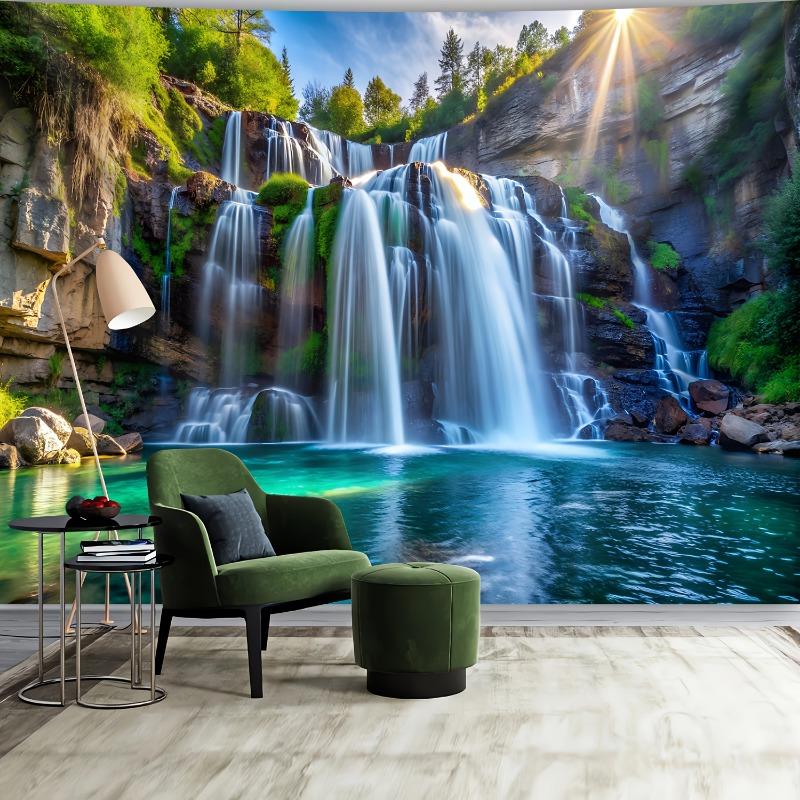 Christmas 2024 Ornament - Extra-Large Waterfall & Sunlit Landscape Tapestry - Polyester Wall Hanging for Living Room, Bedroom, Office Decor - Easy Install