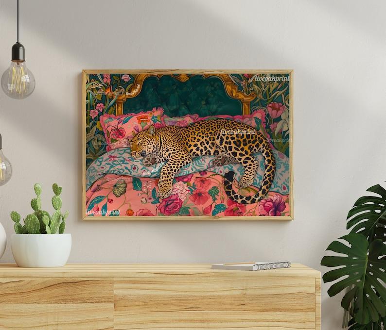 Sleepy Leopard In a Vintage Bed - Leopard Bedroom - Maximalist Wall Art - Decoration Photo