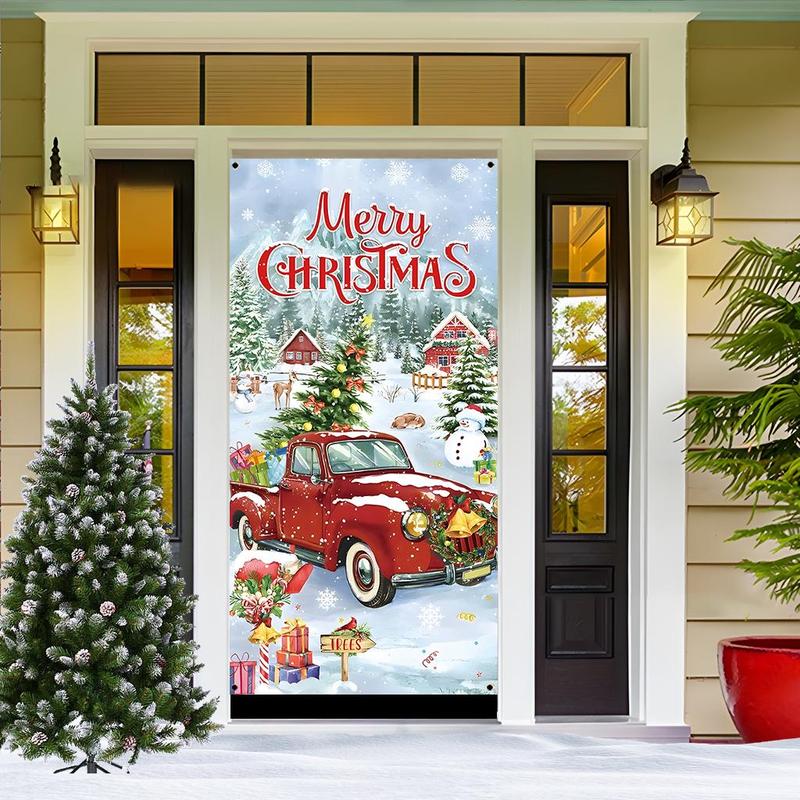 Merry Christmas Car Pattern Door Banner, 1 Count Christmas Themed Door Banner with 4 Grommets, Festive & Party Supplies for Home & Outdoor