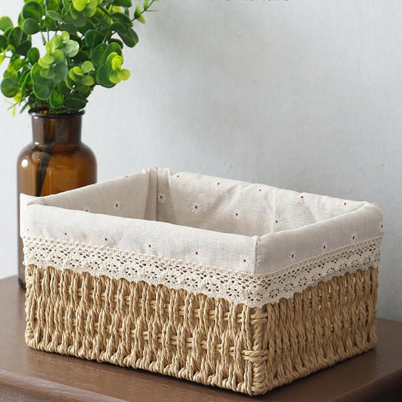 Random Color Rattan Woven Cosmetic Storage Basket, Makeup Organizer, Rectangular Wicker Basket Bin, Natural Woven Storage Organizer, Summer for Gifts