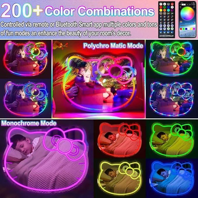 Hello Kit Mirror Stress relief toys Dimmable Hello Kit Vanity Mirror with Lights 200+ Kinds of Color,Acrylic Hello Kit Led Mirror with Remote & App Control, Kitty Neon Mirror Wall Mirror, Children's Favorite