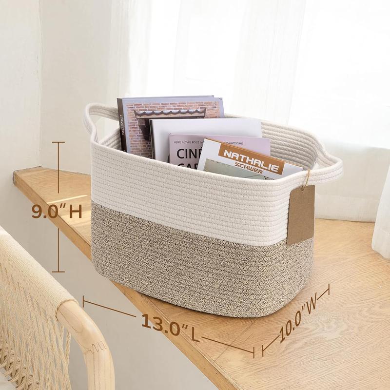 Woven Storage Basket for Shelves, Cotton Rope Toy Bin, Empty Gift Basket with Handles, Square Baskets for Storage, Brown and White Storage Bin, 13 X 10 X 9 Inches