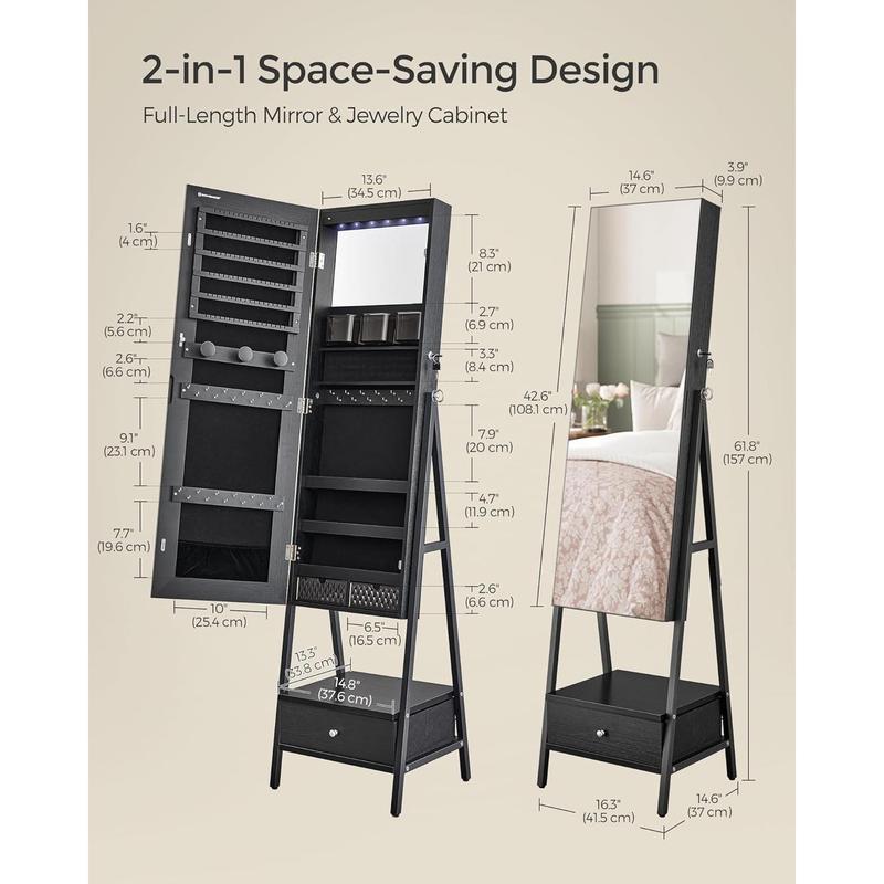 LED Mirror Jewelry Cabinet Standing, Lockable Jewelry Armoire with Full-Length Mirror, Space-Saving Jewelry Organizer with Mirror, Bottom Drawer, Chirstmas Gifts, Ink Black UJJC025B01