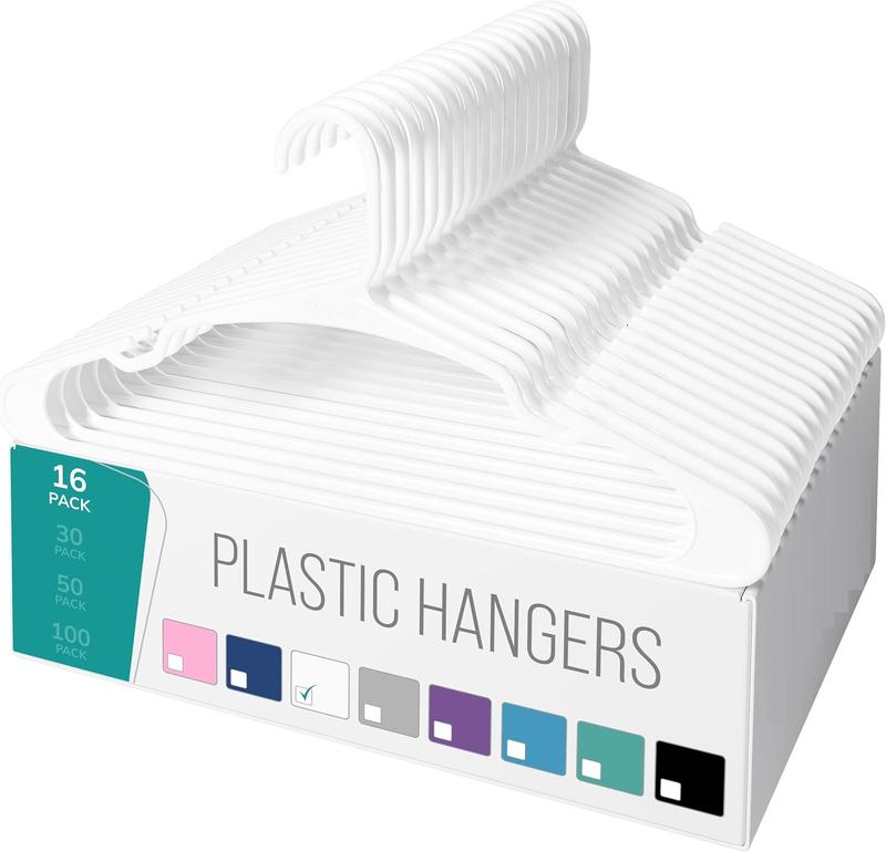 Clothes Hangers Plastic 16 Pack for Adults - Plastic Hangers, The Perfect Coat Hanger and General Space Saving Clothes Hangers for Closet - Percheros Ganchos para Colgar Ropa Hangars - White Hangers woven basket