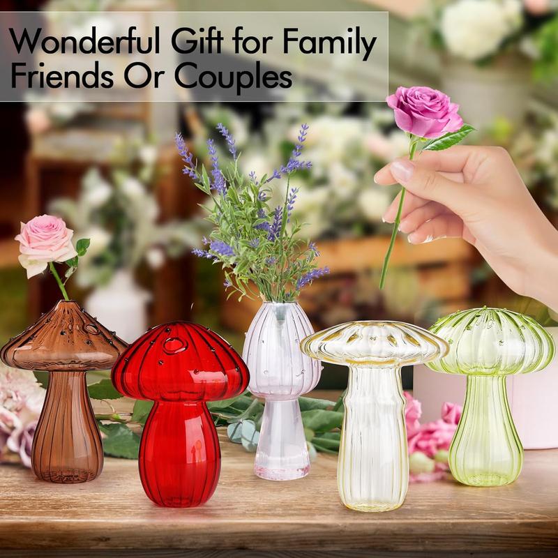 5 count Mushroom Shaped Glass Vase, Planters Clear Hydroponic Vase,   for Decorative Centerpiece,Table Decor,Home Wedding Party (5 Color)