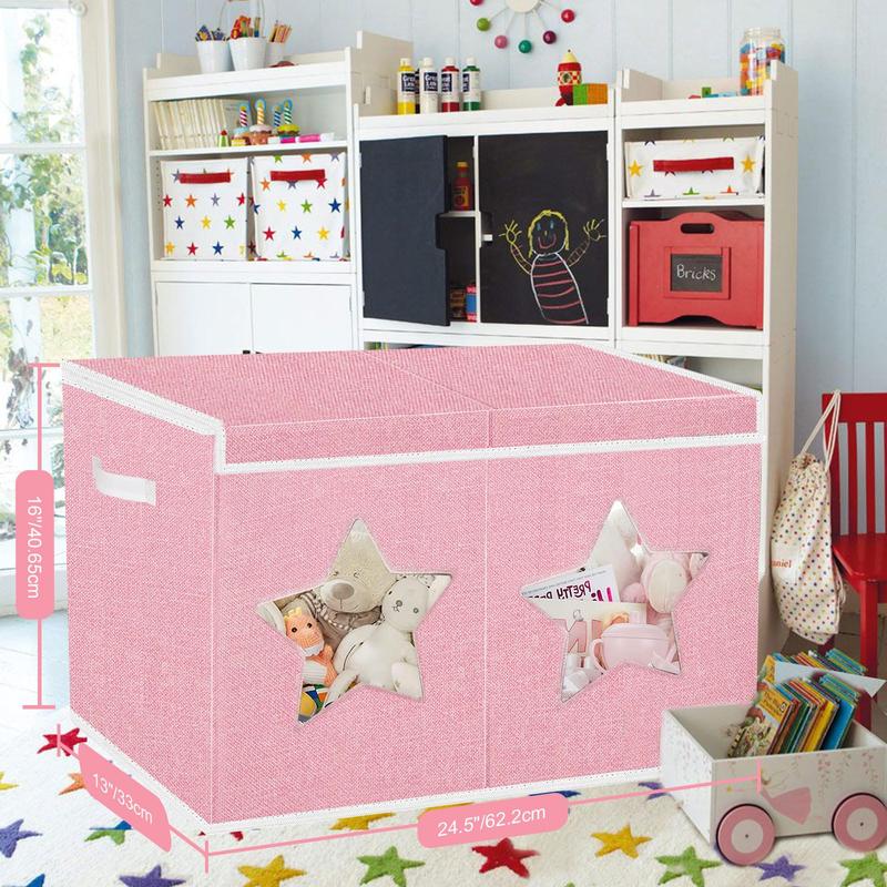 Large Toy Box for Girls, Toy Chest Box Organizer Bins with Star Transparent Windows, Sturdy Handles and Mesh Bag, Foldable Large Size Storage Box for Nursery, Playroom, Bedroom