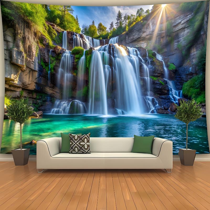 Christmas 2024 Ornament - Extra-Large Waterfall & Sunlit Landscape Tapestry - Polyester Wall Hanging for Living Room, Bedroom, Office Decor - Easy Install