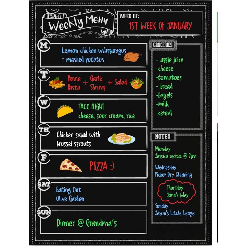 Magnetic Dry Erase Menu Board for Fridge includes 4 Liquid Chalk Markers - Weekly Meal Planner Blackboard, Grocery List and Notepad for Kitchen Refrigerator - Chalkboard Magnet