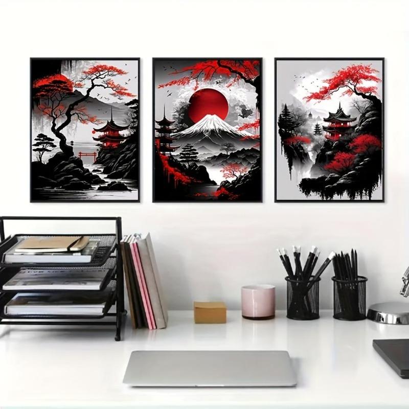 Comic Chinese Landscape Pattern Canvas Painting without Frame (3pcs set), Vintage Ink Art Wall Art Print for Living Room Bedroom Home Decor, Wall Art for Home and Office Wall Decor, Room Decor